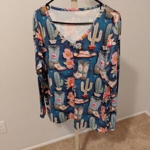 Western Cactus Print V-Neck Long Sleeve Top
